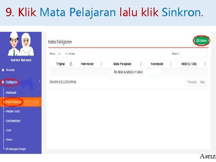 9. Klik Mata Pelajaran lalu klik Sinkron. Asriza 