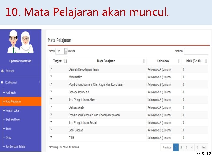 10. Mata Pelajaran akan muncul. Asriza 