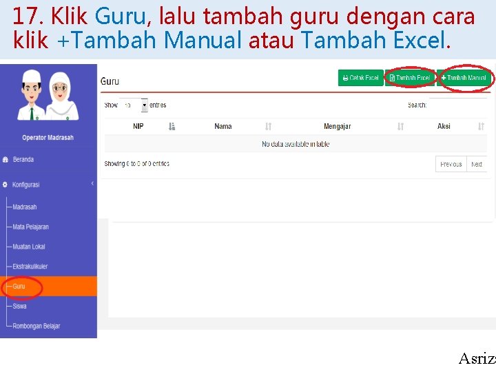 17. Klik Guru, lalu tambah guru dengan cara klik +Tambah Manual atau Tambah Excel.