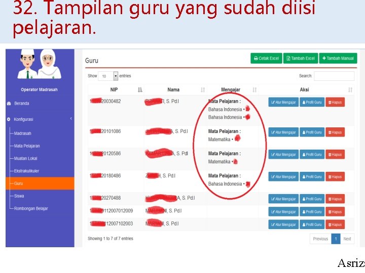 32. Tampilan guru yang sudah diisi pelajaran. Asriza 