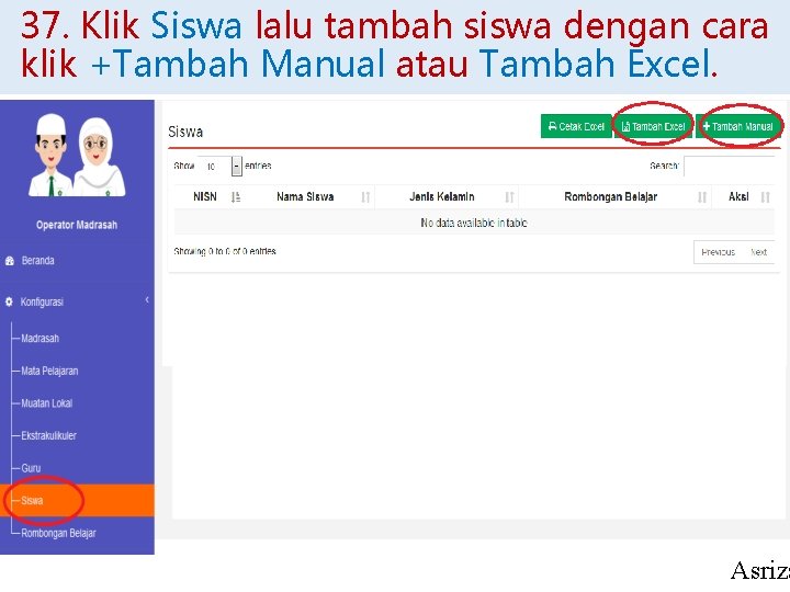 37. Klik Siswa lalu tambah siswa dengan cara klik +Tambah Manual atau Tambah Excel.