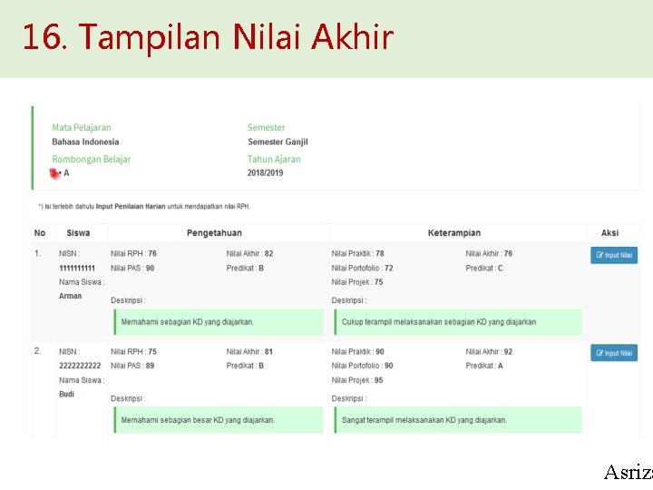 16. Tampilan Nilai Akhir Asriza 