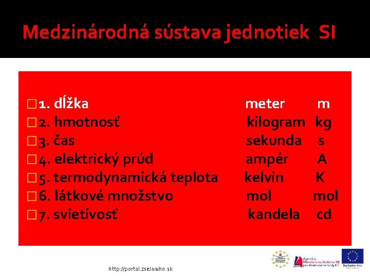 Medzinárodná sústava jednotiek SI � 1. dĺžka � 2. hmotnosť � 3. čas �