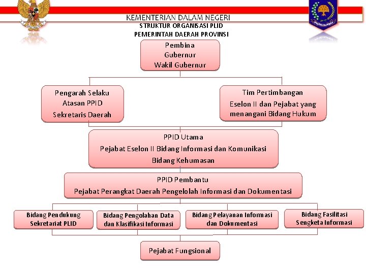 STRUKTUR ORGANISASI PLID PEMERINTAH DAERAH PROVINSI Pembina Gubernur Wakil Gubernur Tim Pertimbangan Eselon II