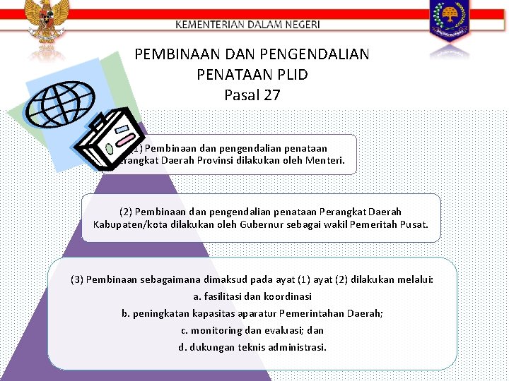 PEMBINAAN DAN PENGENDALIAN PENATAAN PLID Pasal 27 (1) Pembinaan dan pengendalian penataan Perangkat Daerah