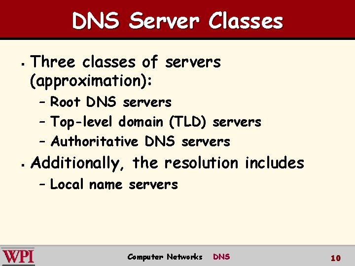 DNS Server Classes § Three classes of servers (approximation): – Root DNS servers –
