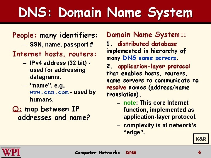 DNS: Domain Name System People: many identifiers: – SSN, name, passport # Internet hosts,