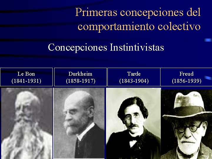 Primeras concepciones del comportamiento colectivo Concepciones Instintivistas Le Bon (1841 -1931) Durkheim (1858 -1917) Primeras concepciones del comportamiento colectivo Concepciones Instintivistas Le Bon (1841 -1931) Durkheim (1858 -1917)