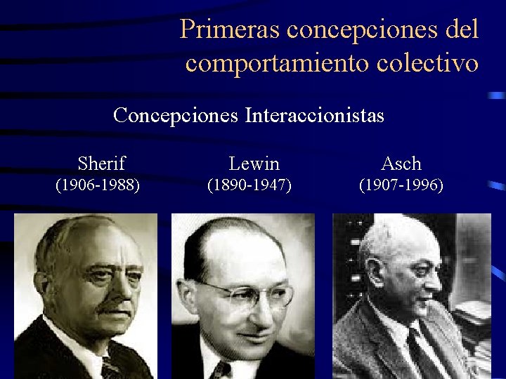 Primeras concepciones del comportamiento colectivo Concepciones Interaccionistas Sherif Lewin Asch (1906 -1988) (1890 -1947) Primeras concepciones del comportamiento colectivo Concepciones Interaccionistas Sherif Lewin Asch (1906 -1988) (1890 -1947)