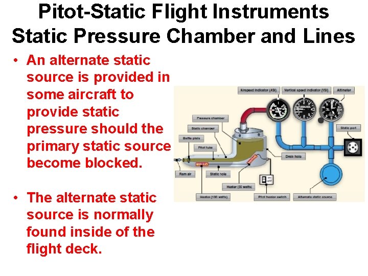 Pitot-Static Flight Instruments Static Pressure Chamber and Lines • An alternate static source is