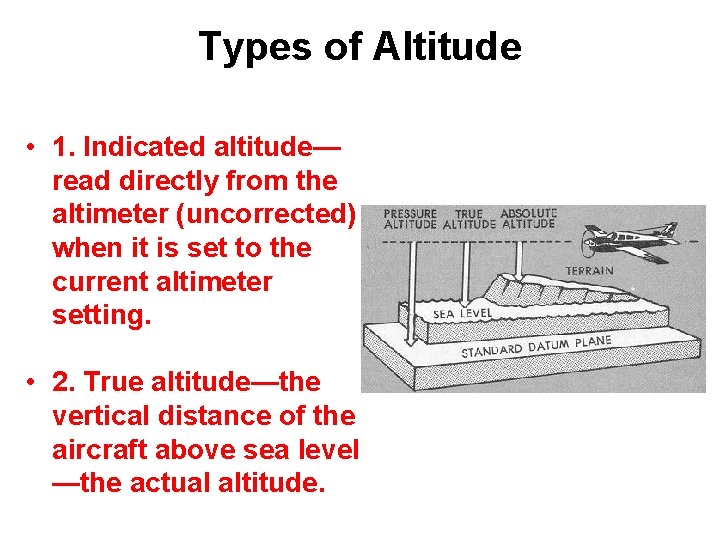 Types of Altitude • 1. Indicated altitude— read directly from the altimeter (uncorrected) when