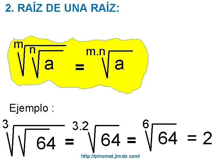  2. RAÍZ DE UNA RAÍZ: m n m. n a = a Ejemplo