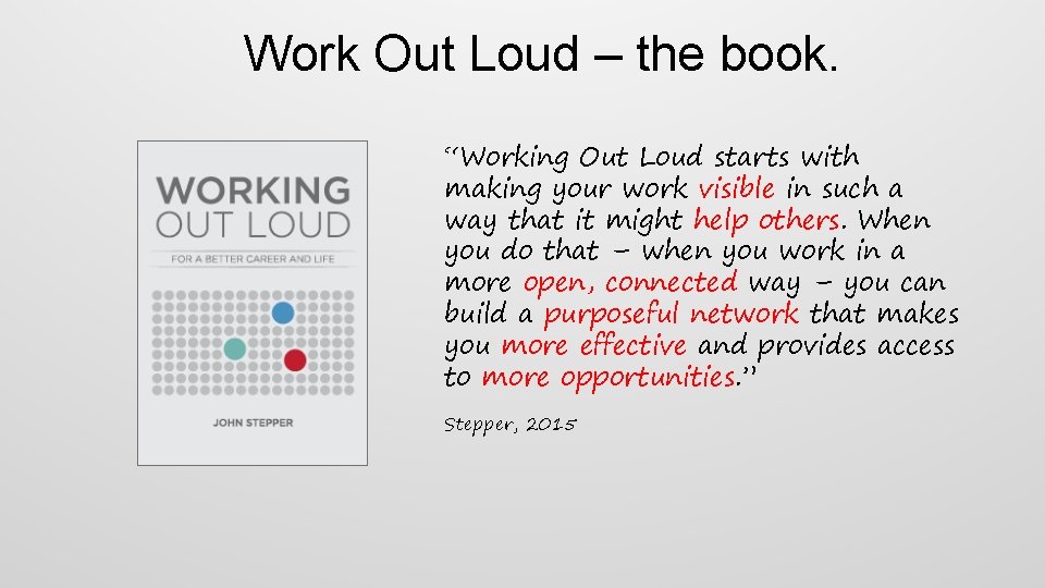 Work Out Loud – the book. “Working Out Loud starts with making your work
