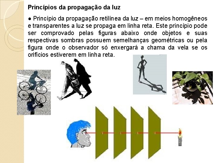 Princípios da propagação da luz ● Princípio da propagação retilínea da luz – em