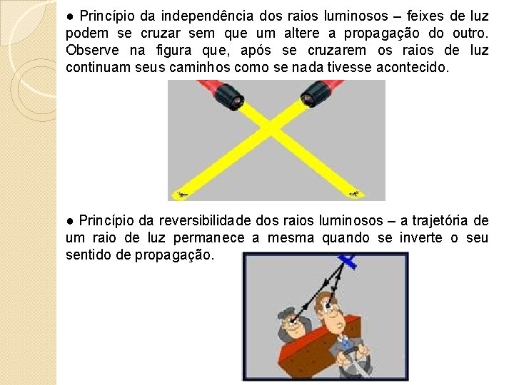 ● Princípio da independência dos raios luminosos – feixes de luz podem se cruzar