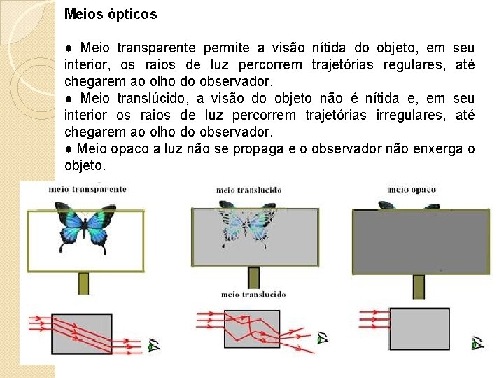 Meios ópticos ● Meio transparente permite a visão nítida do objeto, em seu interior,