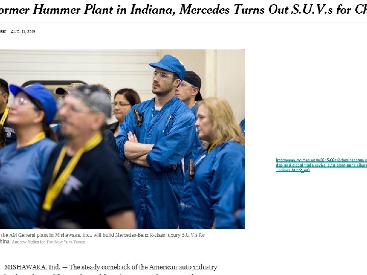 New Car Plant Locates in Indiana http: //www. nytimes. com/2015/08/12/business/merc des-and-global-trade-revive-auto-plant-gone-silent-indiana. html? _r=0 