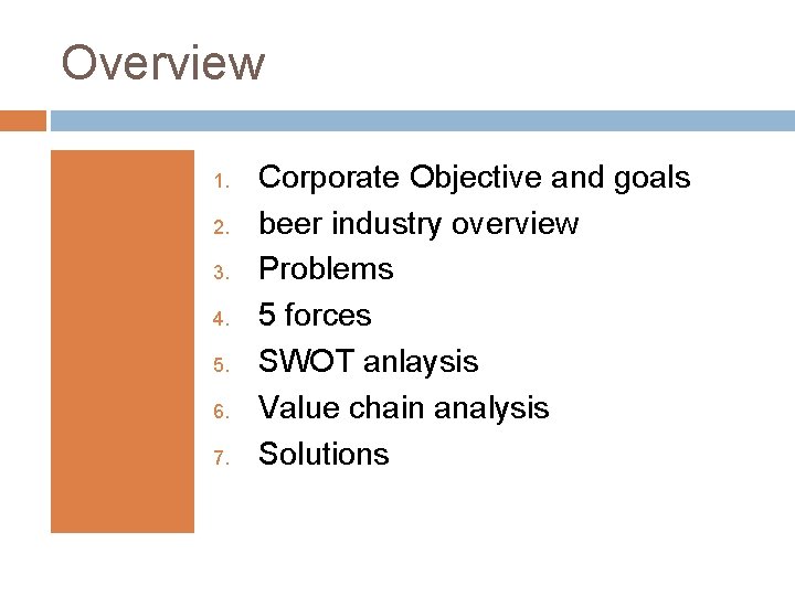 Overview 1. 2. 3. 4. 5. 6. 7. Corporate Objective and goals beer industry