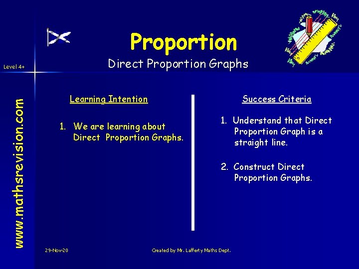 Proportion Direct Proportion Graphs www. mathsrevision. com Level 4+ Learning Intention Success Criteria 1.