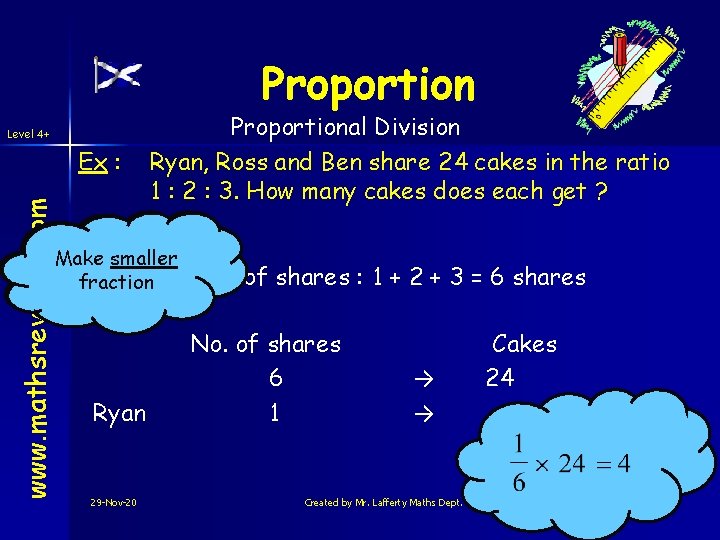 Proportion Level 4+ www. mathsrevision. com Ex : Proportional Division Ryan, Ross and Ben