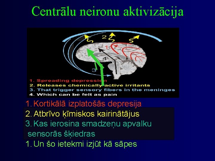 Centrālu neironu aktivizācija 1. Kortikālā izplatošās depresija 2. Atbrīvo ķīmiskos kairinātājus 3. Kas ierosina