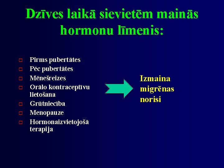 Dzīves laikā sievietēm mainās hormonu līmenis: Pirms pubertātes Pēc pubertātes Mēnešreizes Orālo kontraceptīvu lietošana