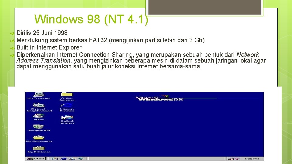 Windows 98 (NT 4. 1) Dirilis 25 Juni 1998 Mendukung sistem berkas FAT 32