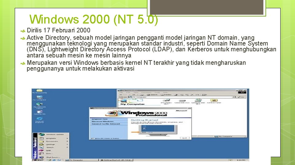 Windows 2000 (NT 5. 0) Dirilis 17 Februari 2000 Active Directory, sebuah model jaringan