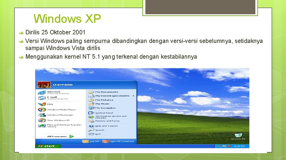 Windows XP Dirilis 25 Oktober 2001 Versi Windows paling sempurna dibandingkan dengan versi-versi sebelumnya,