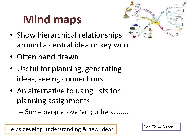Mind maps • Show hierarchical relationships around a central idea or key word •