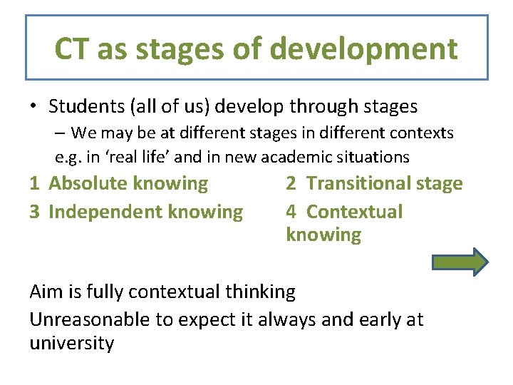 CT as stages of development • Students (all of us) develop through stages –