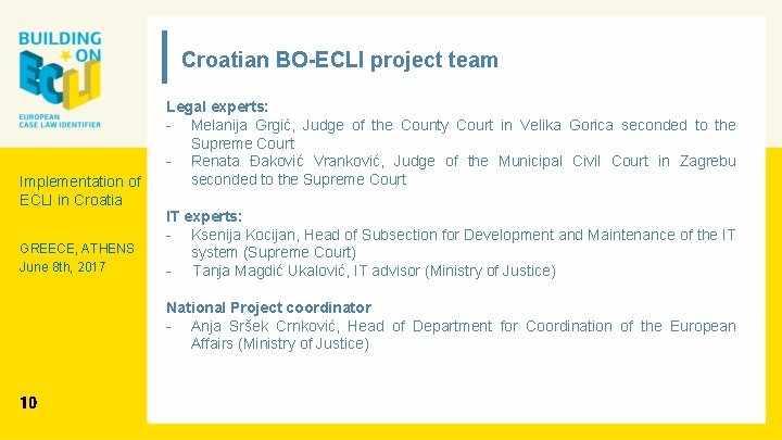 Croatian BO-ECLI project team Implementation of ECLI in Croatia GREECE, ATHENS June 8 th,