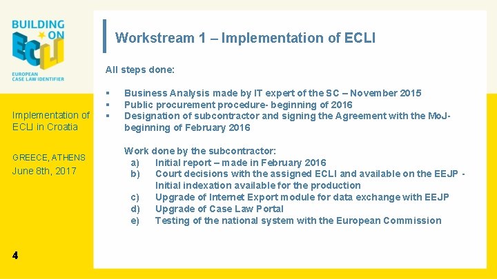 Workstream 1 – Implementation of ECLI All steps done: Implementation of ECLI in Croatia