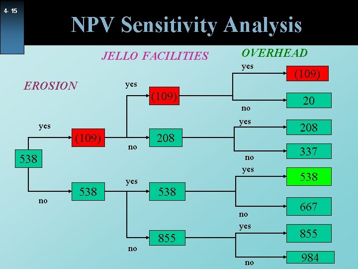 4 - 15 NPV Sensitivity Analysis JELLO FACILITIES OVERHEAD yes EROSION (109) yes (109) 4 - 15 NPV Sensitivity Analysis JELLO FACILITIES OVERHEAD yes EROSION (109) yes (109)
