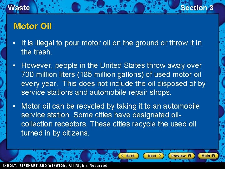 Waste Section 3 Motor Oil • It is illegal to pour motor oil on