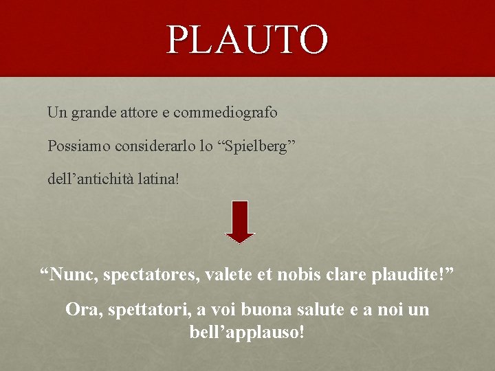 PLAUTO Un grande attore e commediografo Possiamo considerarlo lo “Spielberg” dell’antichità latina! “Nunc, spectatores,