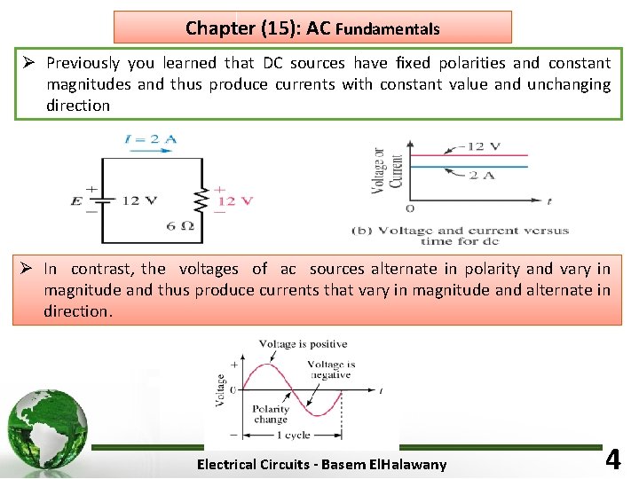 Chapter (15): AC Fundamentals Ø Previously you learned that DC sources have ﬁxed polarities