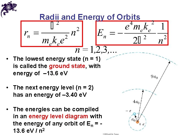 Radii and Energy of Orbits • The lowest energy state (n = 1) is