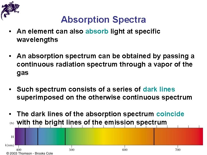 Absorption Spectra • An element can also absorb light at specific wavelengths • An
