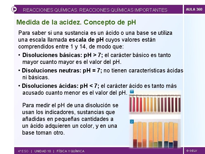 REACCIONES QUÍMICAS IMPORTANTES AULA 360 Medida de la acidez. Concepto de p. H Para