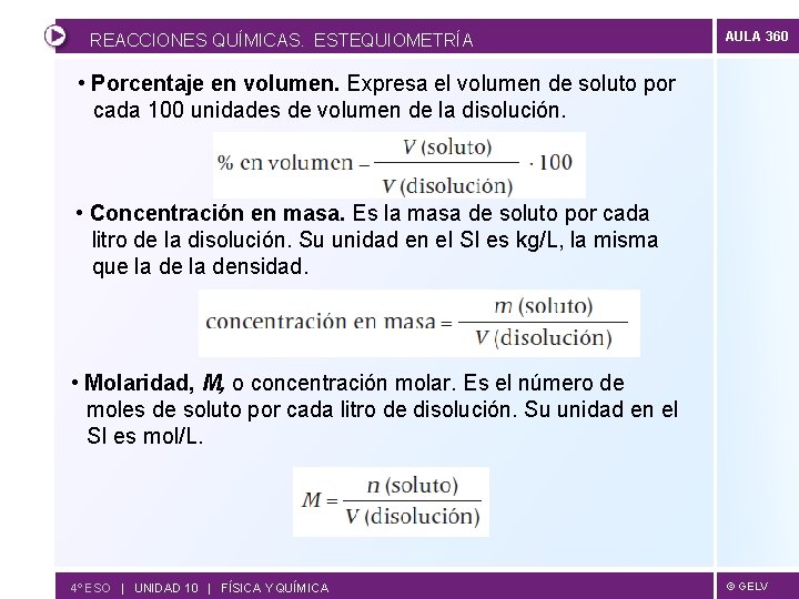 REACCIONES QUÍMICAS. ESTEQUIOMETRÍA AULA 360 • Porcentaje en volumen. Expresa el volumen de soluto