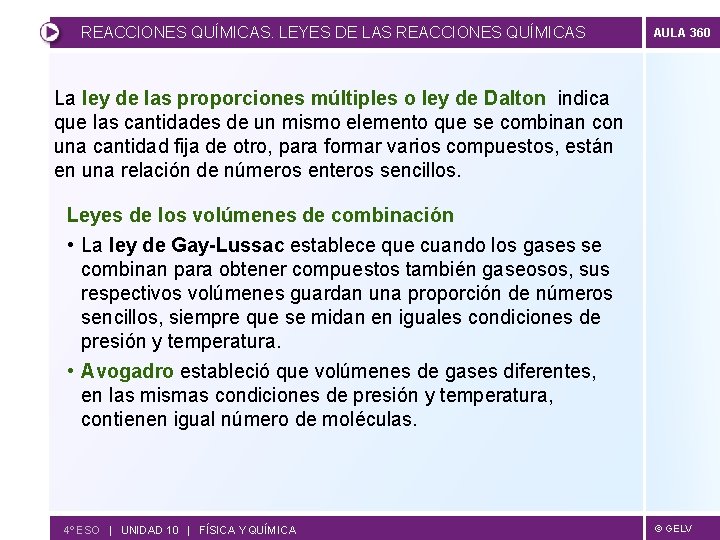 REACCIONES QUÍMICAS. LEYES DE LAS REACCIONES QUÍMICAS AULA 360 La ley de las proporciones