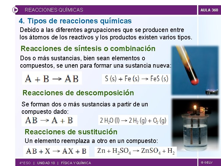 REACCIONES QUÍMICAS AULA 360 4. Tipos de reacciones químicas Debido a las diferentes agrupaciones