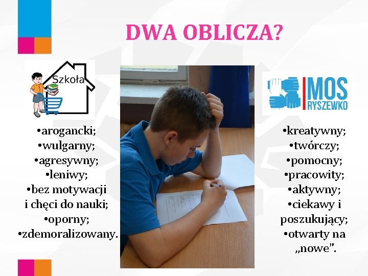 DWA OBLICZA? • arogancki; • wulgarny; • agresywny; • leniwy; • bez motywacji i