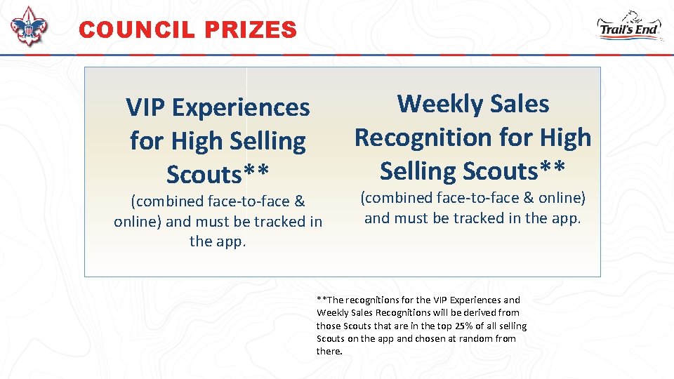 COUNCIL PRIZES VIP Experiences for High Selling Scouts** Weekly Sales Recognition for High Selling