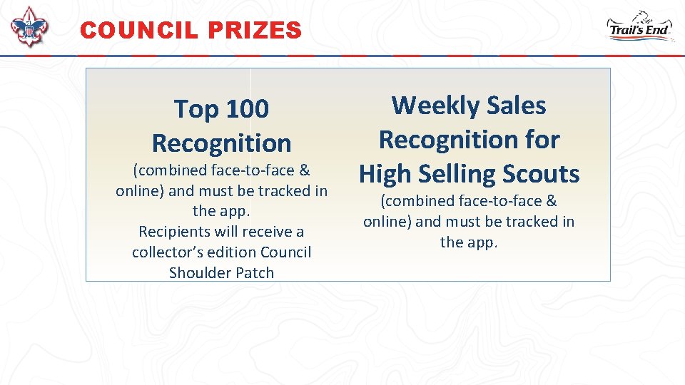 COUNCIL PRIZES Top 100 Recognition (combined face-to-face & online) and must be tracked in