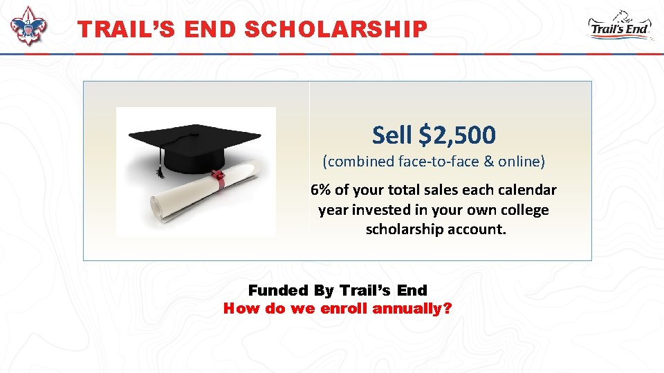 TRAIL’S END SCHOLARSHIP Sell $2, 500 (combined face-to-face & online) 6% of your total