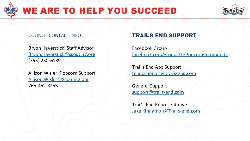 WE ARE TO HELP YOU SUCCEED COUNCIL CONTACT INFO TRAILS END SUPPORT Bryon Haverstick: