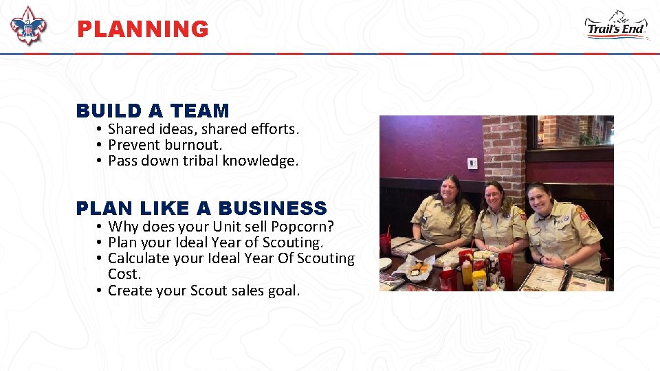 PLANNING BUILD A TEAM • Shared ideas, shared efforts. • Prevent burnout. • Pass