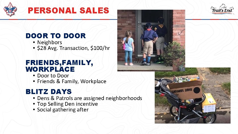 PERSONAL SALES DOOR TO DOOR • Neighbors • $28 Avg. Transaction, $100/hr FRIENDS, FAMILY,
